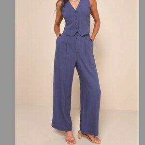NWT Suits You Perfectly Dark Blue Linen Wide-Leg Pants SMALL